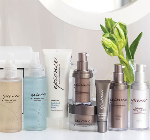 A photo of a variety of epionce products is feature aligned on a counter top.